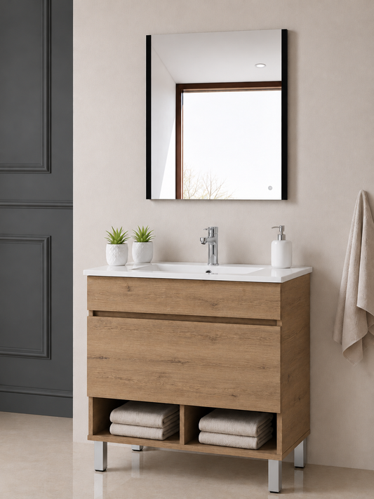 Badezimmermöbel mit NEBARI-Füßen, mit Schublade und extraflachem Waschbecken