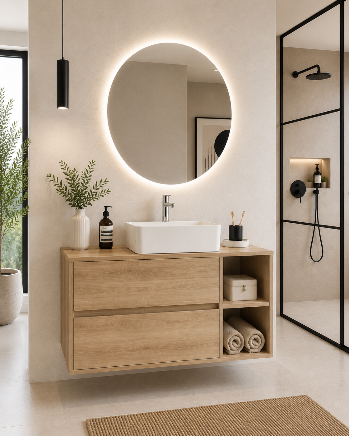 Badezimmermöbel ZEUS mit Holzplatte und Aufsatzwaschbecken