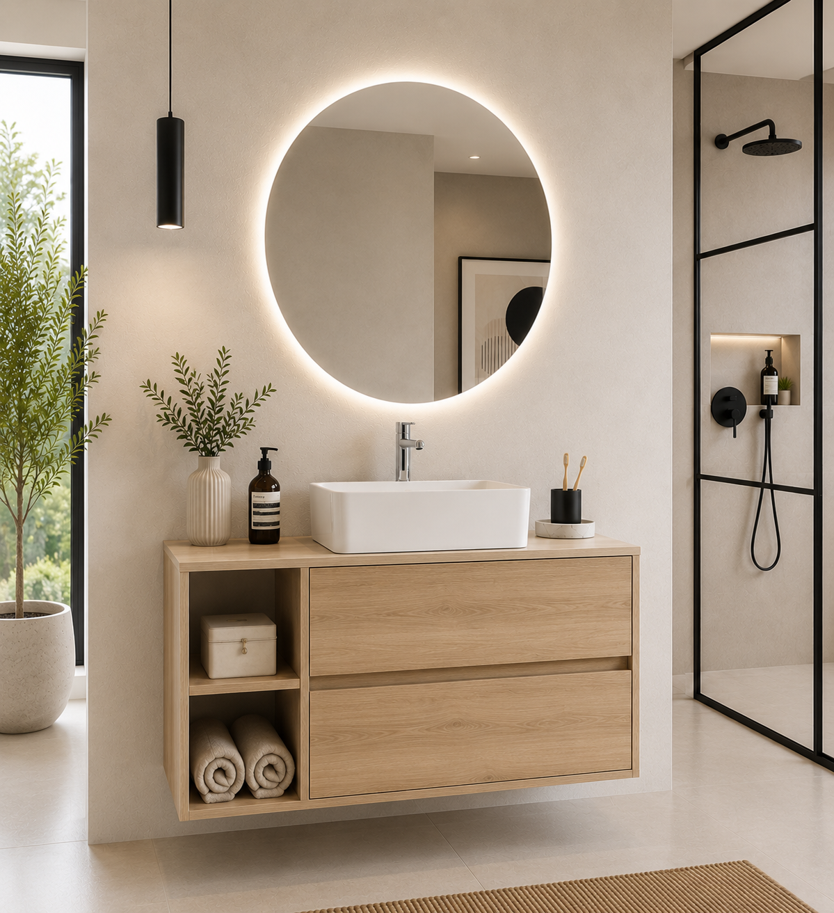 Badezimmermöbel ZEUS mit Holzplatte und Aufsatzwaschbecken