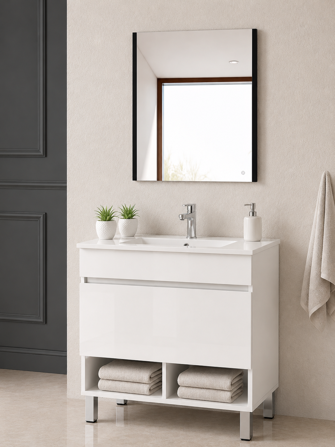 Badezimmermöbel mit NEBARI-Füßen, mit Schublade und extraflachem Waschbecken