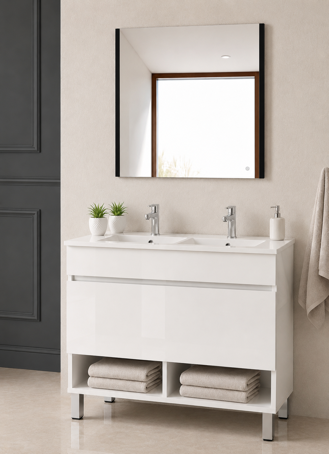 Badezimmermöbel mit NEBARI-Füßen, mit Schublade und extraflachem Waschbecken