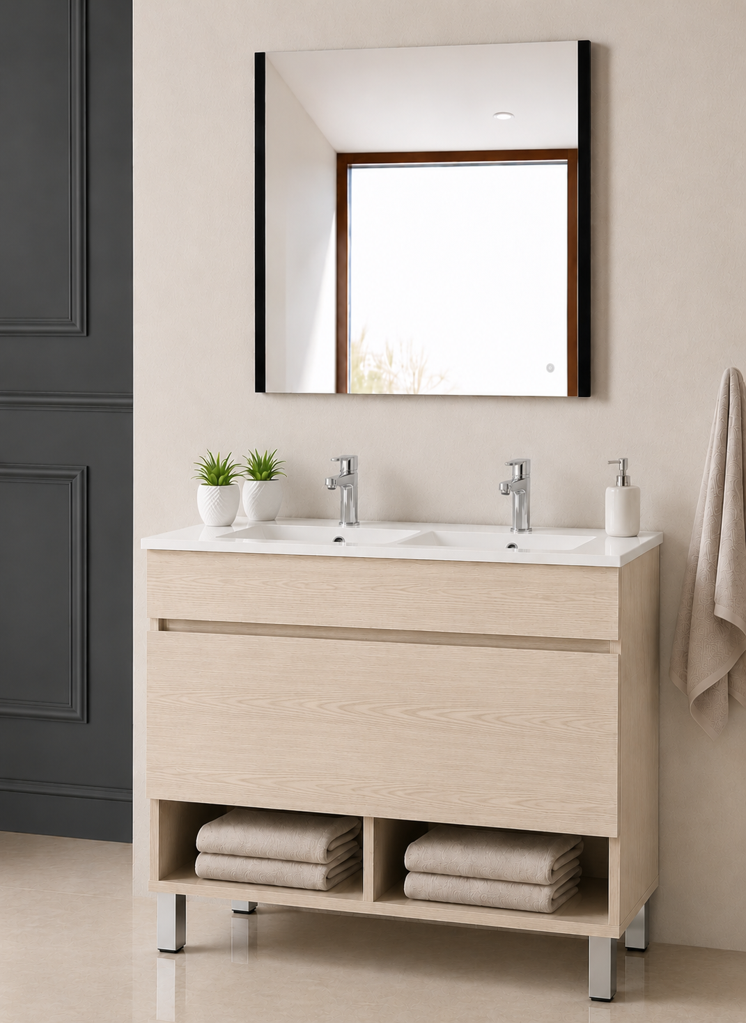 Badezimmermöbel mit NEBARI-Füßen, mit Schublade und extraflachem Waschbecken