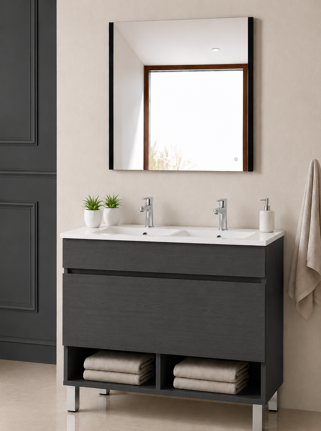 Badezimmermöbel mit NEBARI-Füßen, mit Schublade und extraflachem Waschbecken