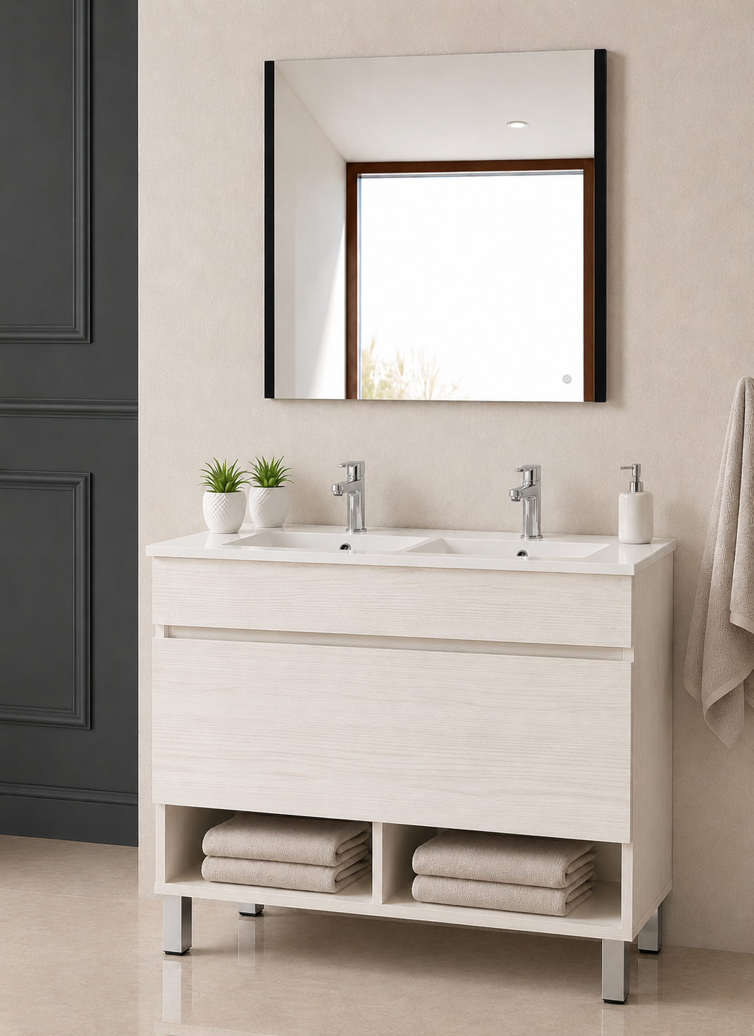 Badezimmermöbel mit NEBARI-Füßen, mit Schublade und extraflachem Waschbecken