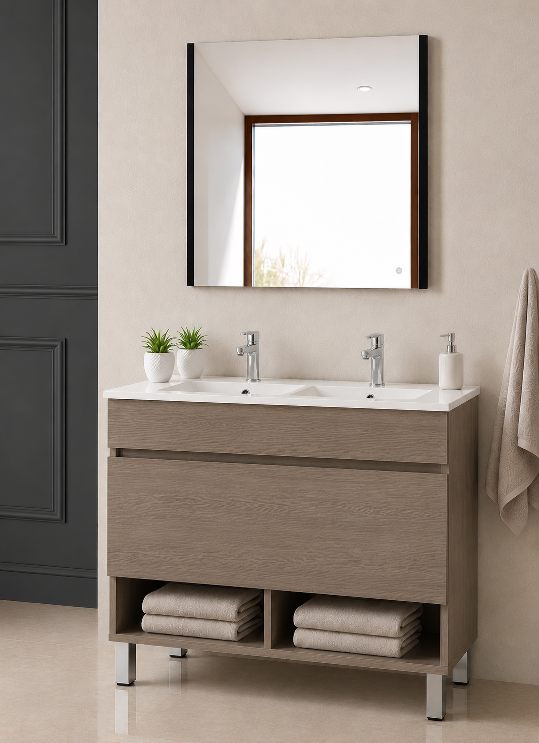 Badezimmermöbel mit NEBARI-Füßen, mit Schublade und extraflachem Waschbecken
