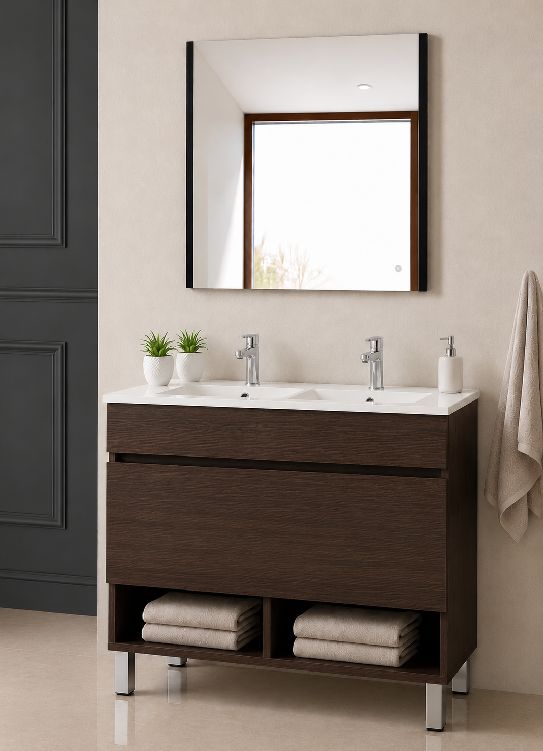 Badezimmermöbel mit NEBARI-Füßen, mit Schublade und extraflachem Waschbecken