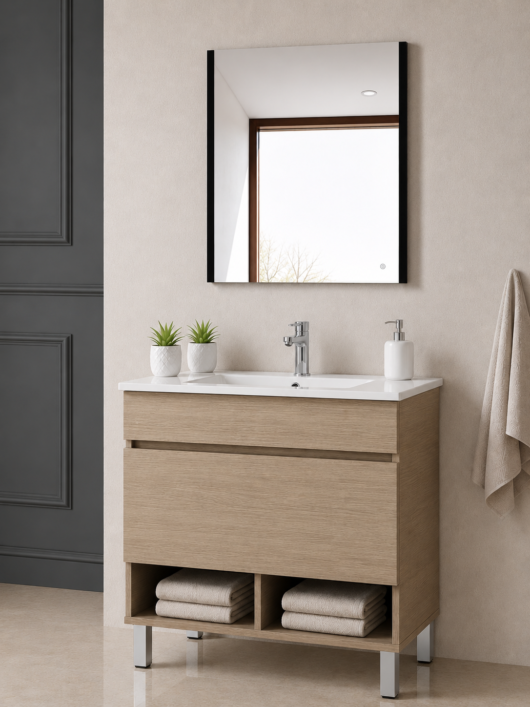 Badezimmermöbel mit NEBARI-Füßen, mit Schublade und extraflachem Waschbecken