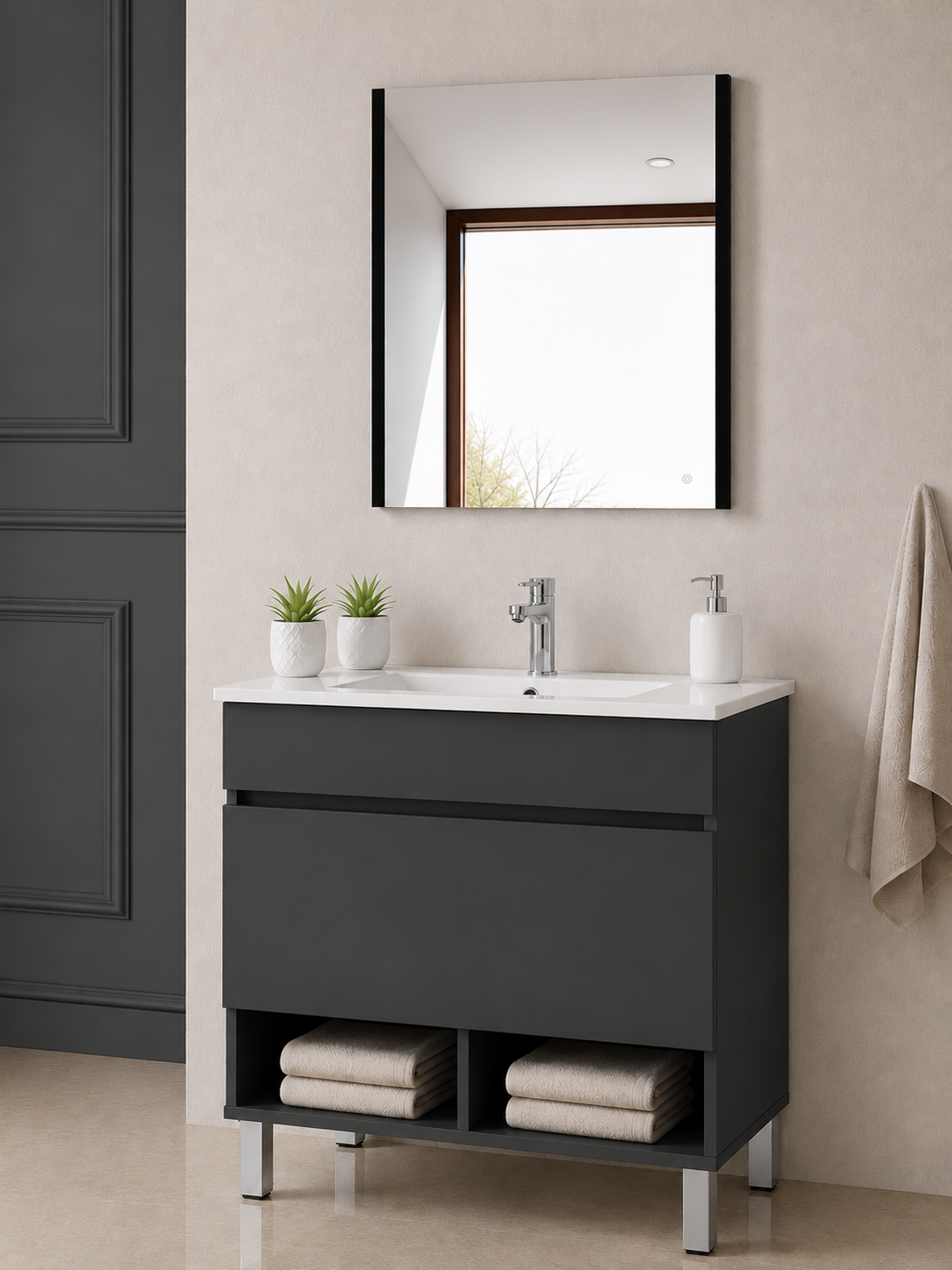 Badezimmermöbel mit NEBARI-Füßen, mit Schublade und extraflachem Waschbecken