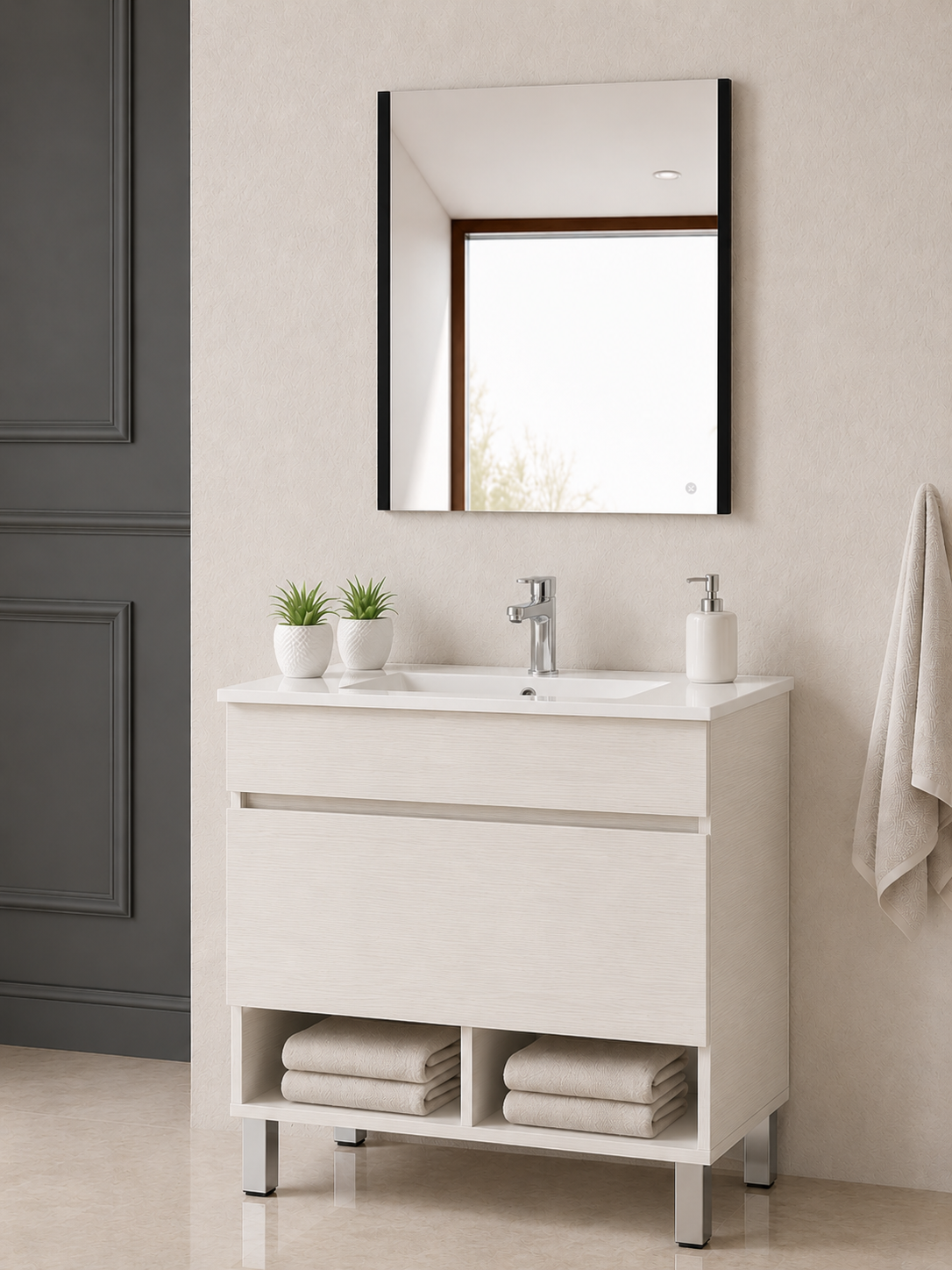Badezimmermöbel mit NEBARI-Füßen, mit Schublade und extraflachem Waschbecken