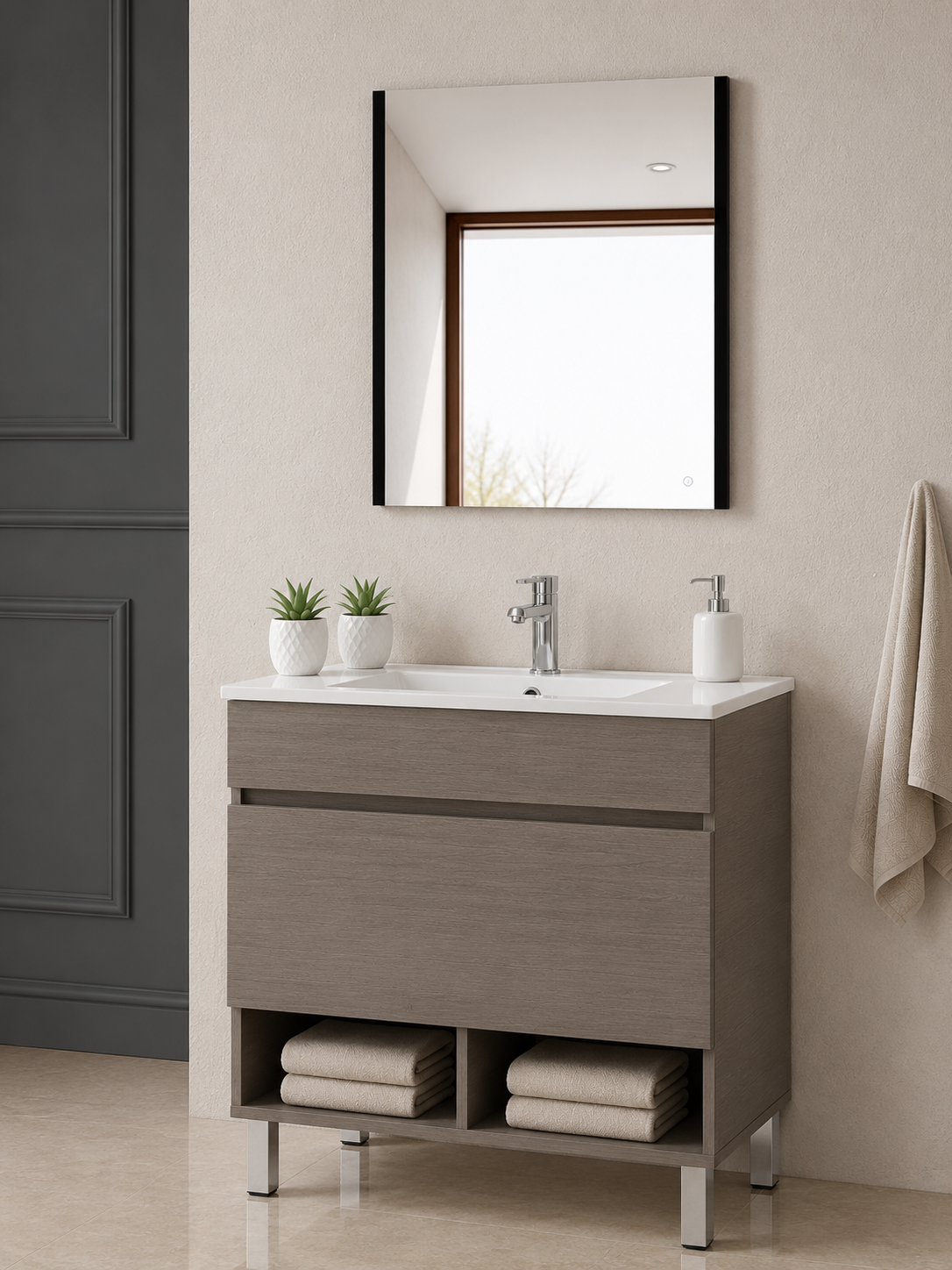 Badezimmermöbel mit NEBARI-Füßen, mit Schublade und extraflachem Waschbecken