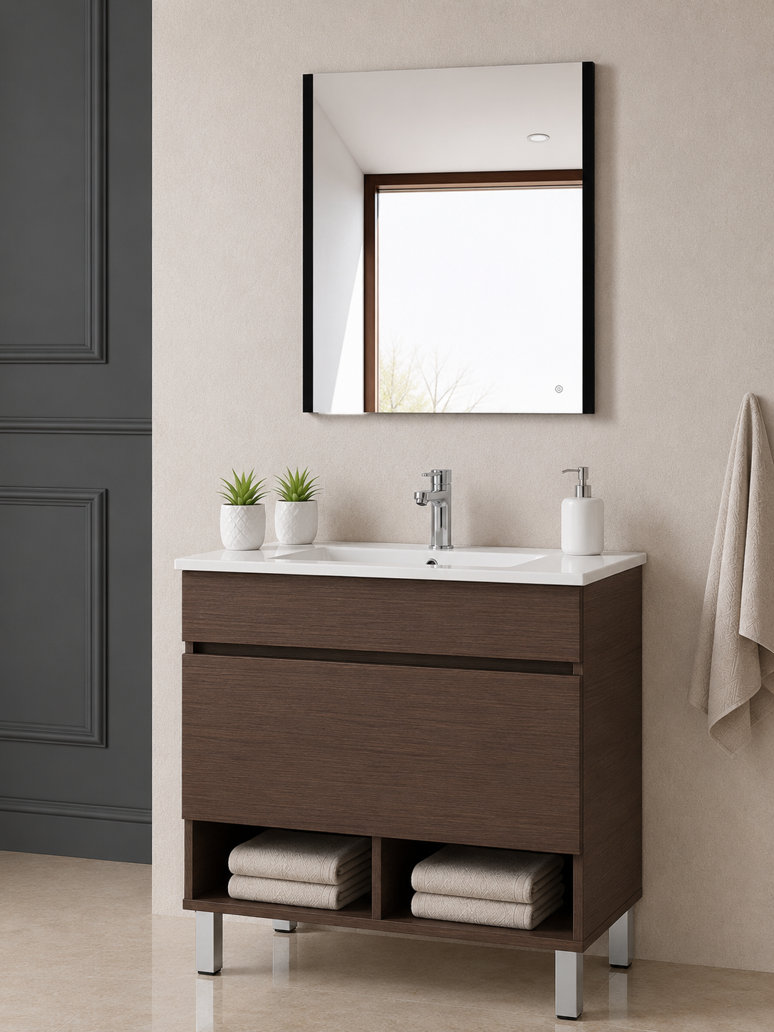 Badezimmermöbel mit NEBARI-Füßen, mit Schublade und extraflachem Waschbecken