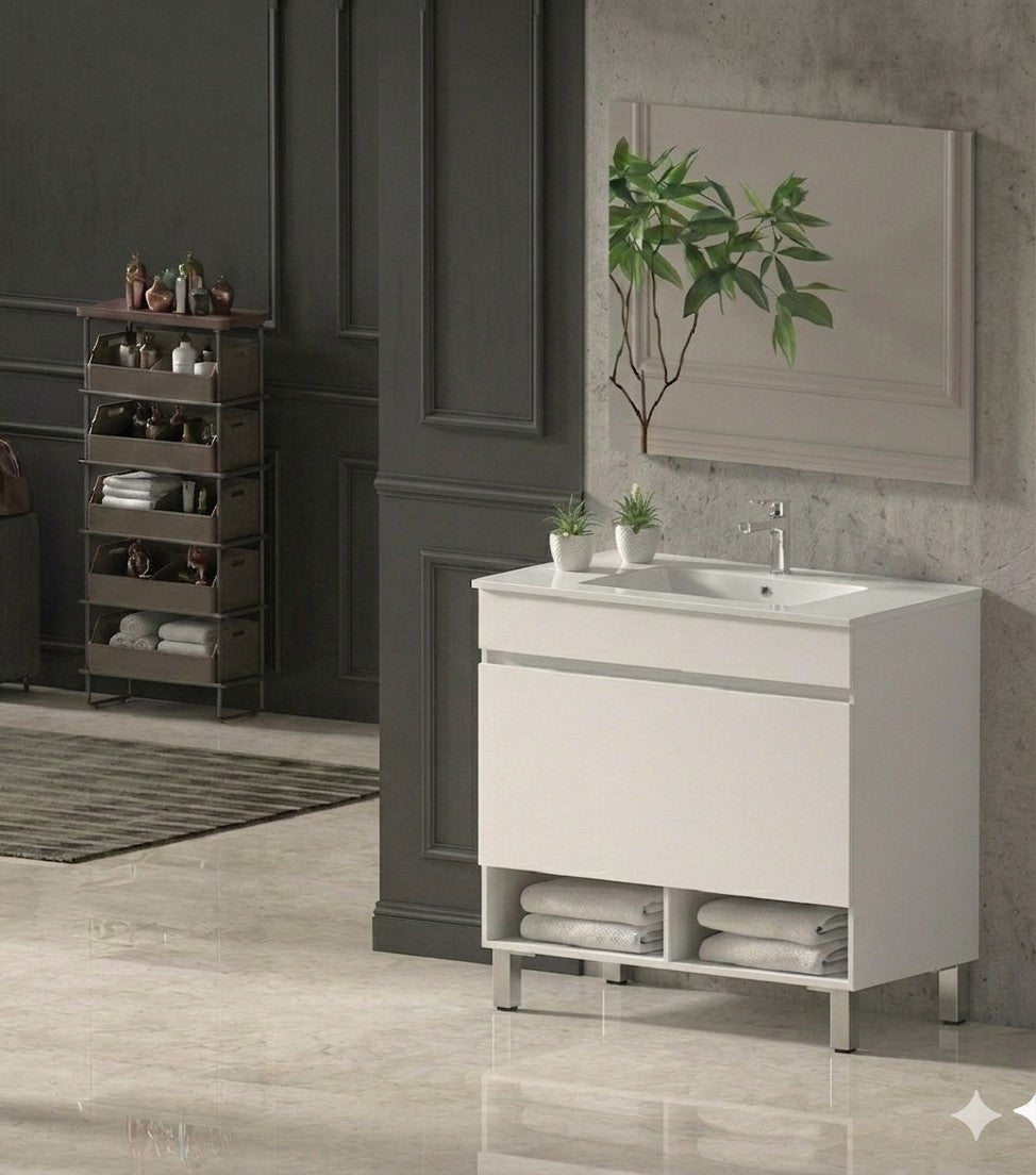 Badezimmermöbel mit NEBARI-Füßen, mit Schublade und extraflachem Waschbecken