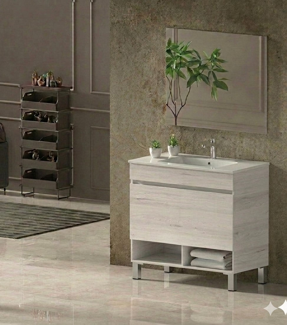 Badezimmermöbel mit NEBARI-Füßen, mit Schublade und extraflachem Waschbecken