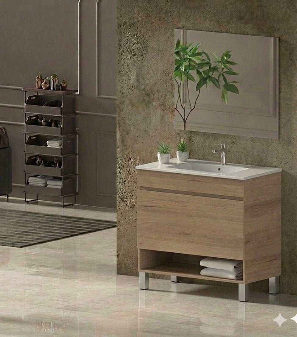 Badezimmermöbel mit NEBARI-Füßen, mit Schublade und extraflachem Waschbecken