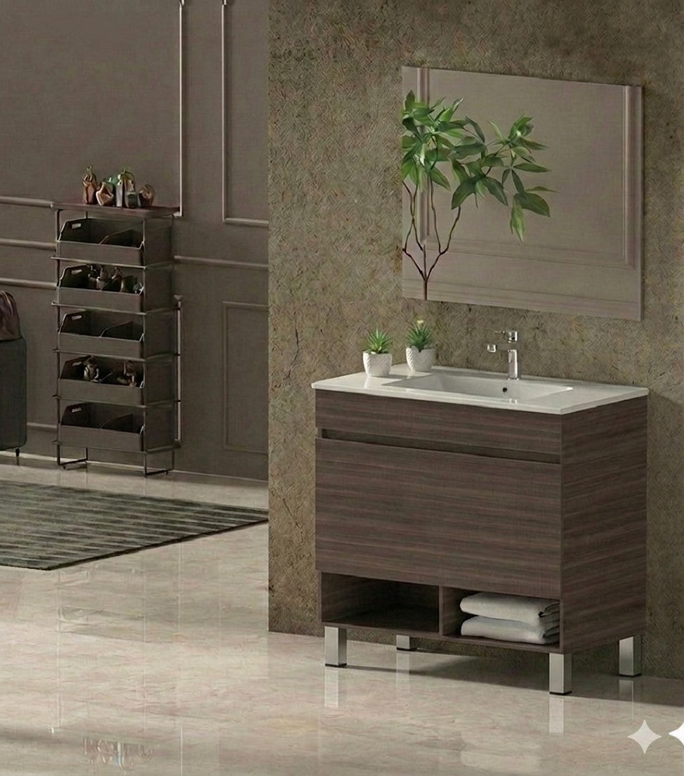 Badezimmermöbel mit NEBARI-Füßen, mit Schublade und extraflachem Waschbecken