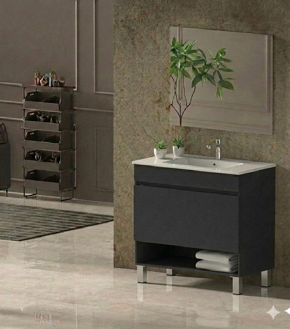 Badezimmermöbel mit NEBARI-Füßen, mit Schublade und extraflachem Waschbecken