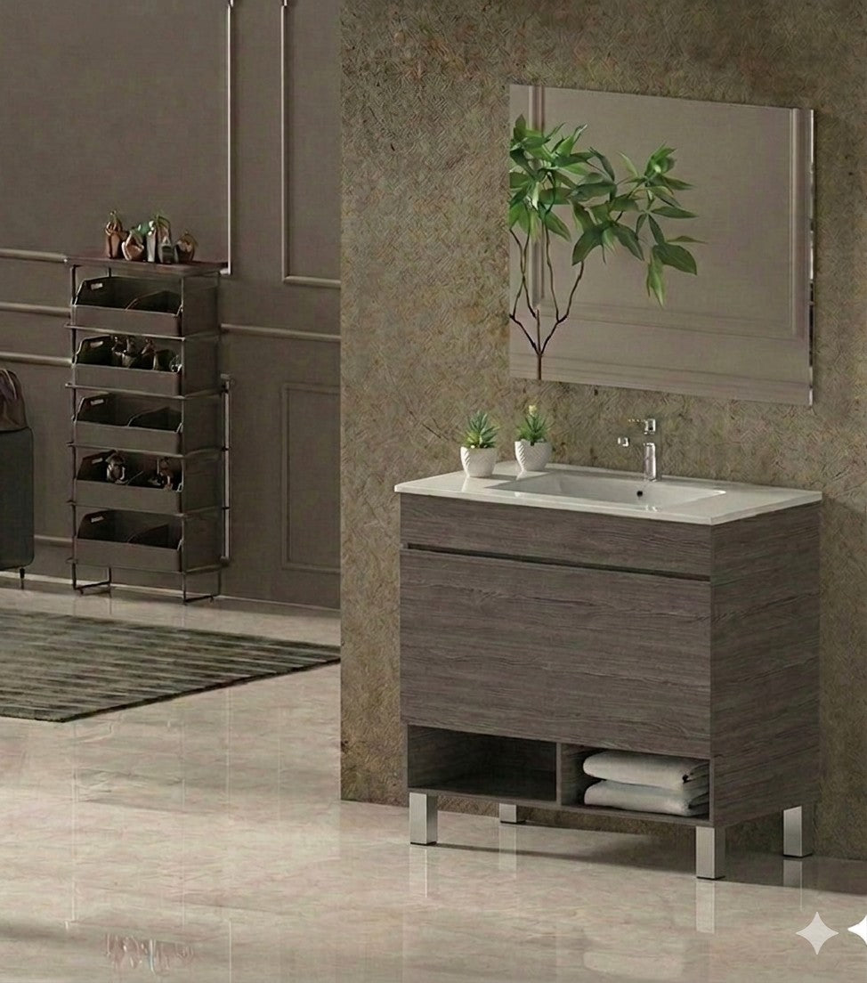 Badezimmermöbel mit NEBARI-Füßen, mit Schublade und extraflachem Waschbecken