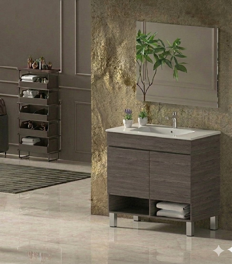 Badezimmermöbel NEBARI mit Füßen, Türen und extraflachem Waschbecken