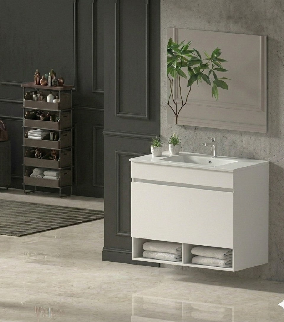 Hängender Badezimmerschrank NEBARI mit Schublade und extraflachem Waschbecken