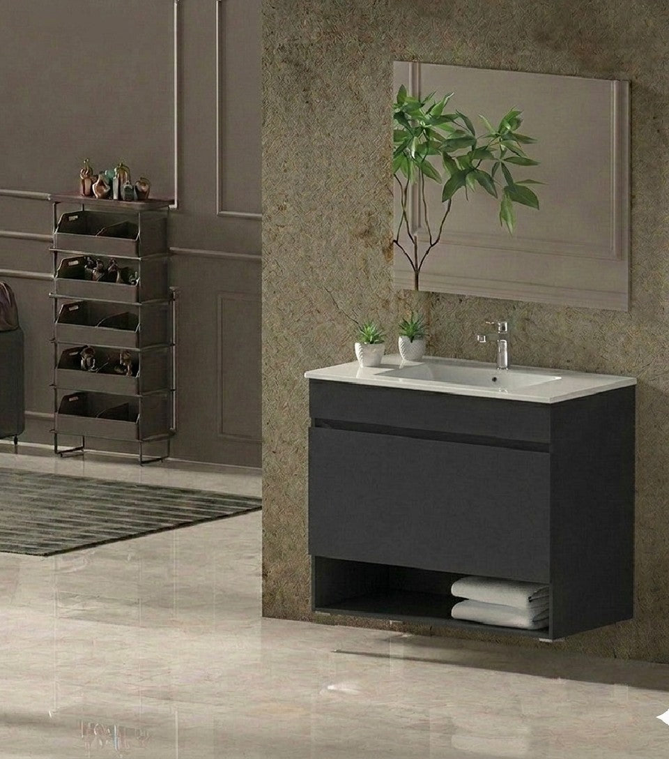Hängender Badezimmerschrank NEBARI mit Schublade und extraflachem Waschbecken