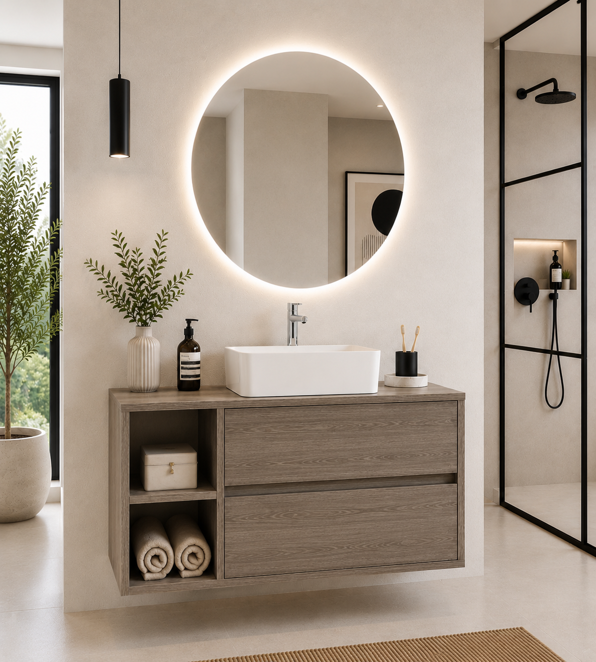 Badezimmermöbel ZEUS mit Holzplatte und Aufsatzwaschbecken