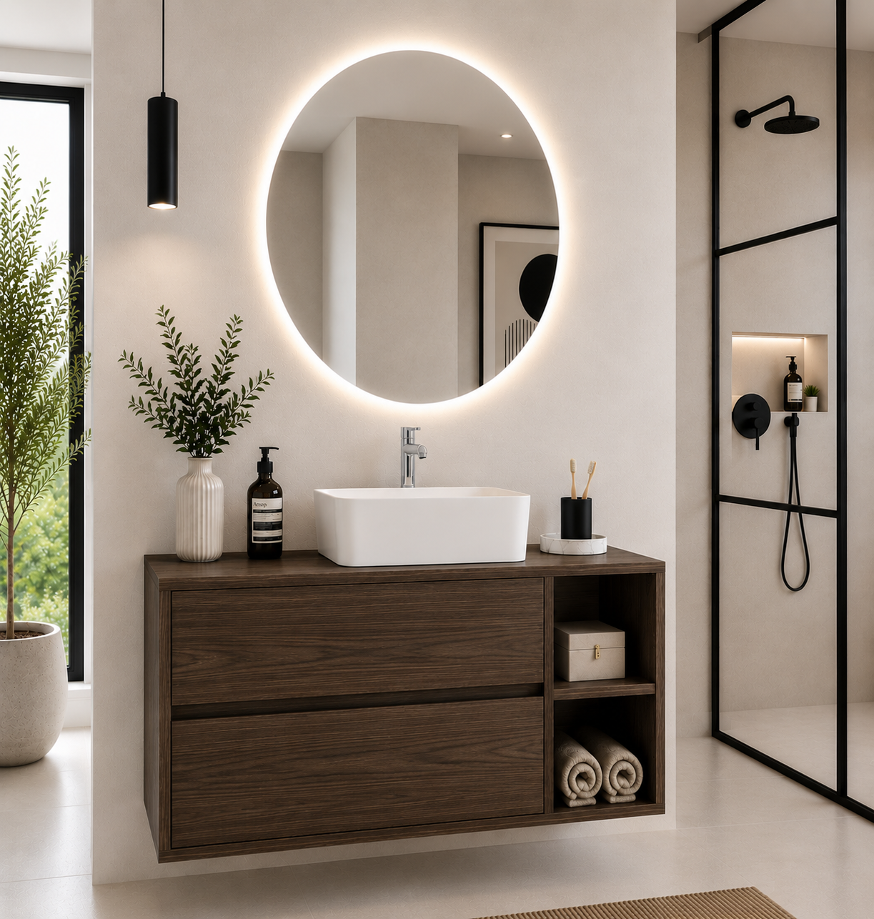 Badezimmermöbel ZEUS mit Holzplatte und Aufsatzwaschbecken